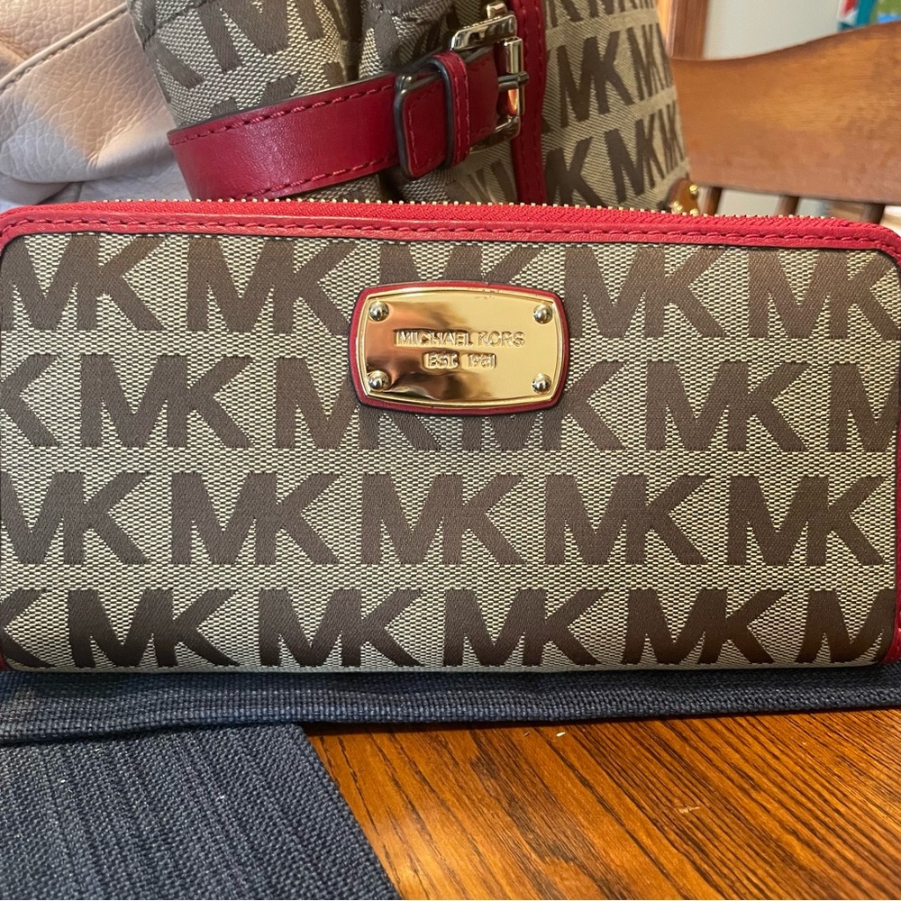 Michael Kors Red and Tan MK Logo Wallet with goldtone hardware gently used